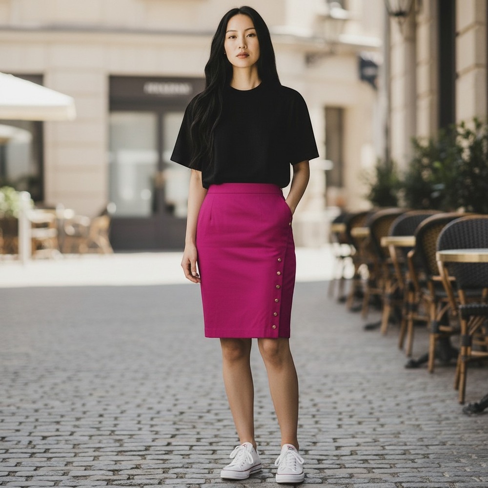 Worthington Magenta Pink Gold Button Pencil Skirt Plus 16W Knee Lgth /#26766